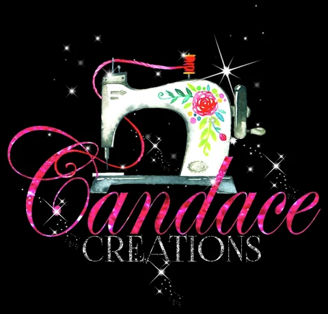 Candace Creations logo — a floral sewing machine with pink glitter script lettering